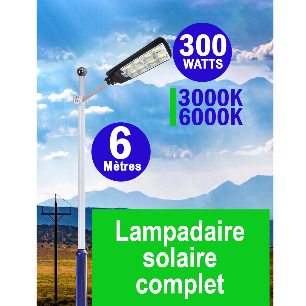 Pack lampadaire complet 6 mètres : Lampe solaire Série POWER V300 - 300 Watts 3000k / 6000k + Mât STANDARD 6 mètres