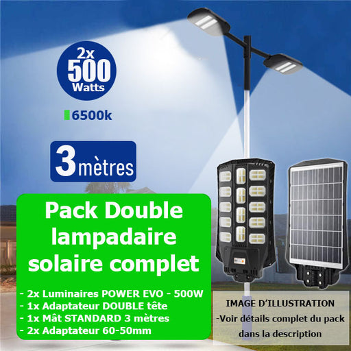 Pack lampadaire solaire complet double tête 3 mètres : 2x Lampes solaires Série POWER EVO - 500 Watts 6500k + Mât STANDARD 3 mètres + Double tête de mât en ligne + Adaptateur 60/50mm