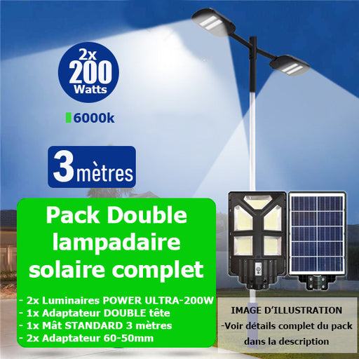 Pack lampadaire solaire complet double tête 3 mètres : 2x Lampes solaires Série POWER ULTRA - 200 Watts 6500k + Mât STANDARD 3 mètres + Double tête de mât en ligne + Adaptateur 60/50mm