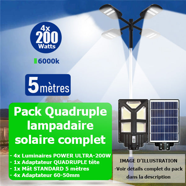 Pack lampadaire solaire complet quadruple tête 5 mètres : 4x Lampes solaires Série POWER ULTRA - 200 Watts 6500k + Mât STANDARD 5 mètres + Quadruple tête de mât perpendiculaire + Adaptateur 60/50mm