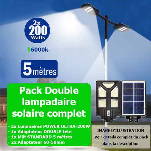 Pack lampadaire solaire complet double tête 5 mètres : 2x Lampes solaires Série POWER ULTRA - 200 Watts 6500k + Mât STANDARD 5 mètres + Double tête de mât en ligne + Adaptateur 60/50mm