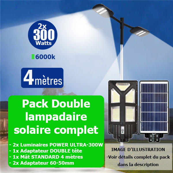 Pack lampadaire solaire complet double tête 4 mètres : 2x Lampes solaires Série POWER ULTRA - 300 Watts 6500k + Mât STANDARD 4 mètres + Double tête de mât perpendiculaire + Adaptateur 60/50mm