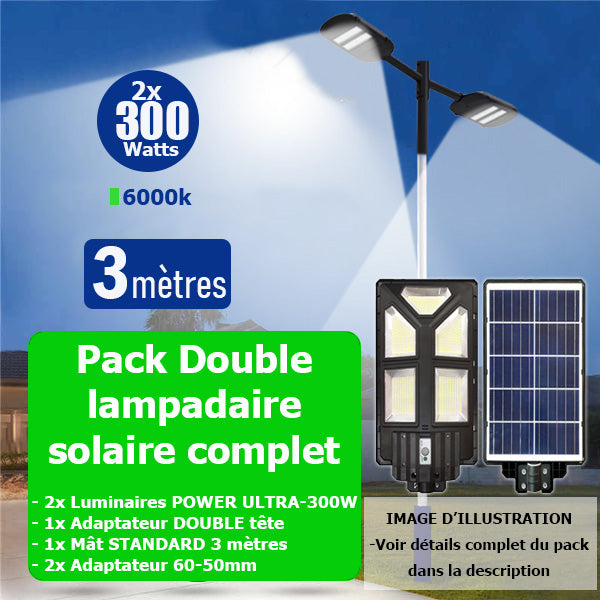 Pack lampadaire solaire complet double tête 3 mètres : 2x Lampes solaires Série POWER ULTRA - 300 Watts 6500k + Mât STANDARD 3 mètres + Double tête de mât perpendiculaire + Adaptateur 60/50mm