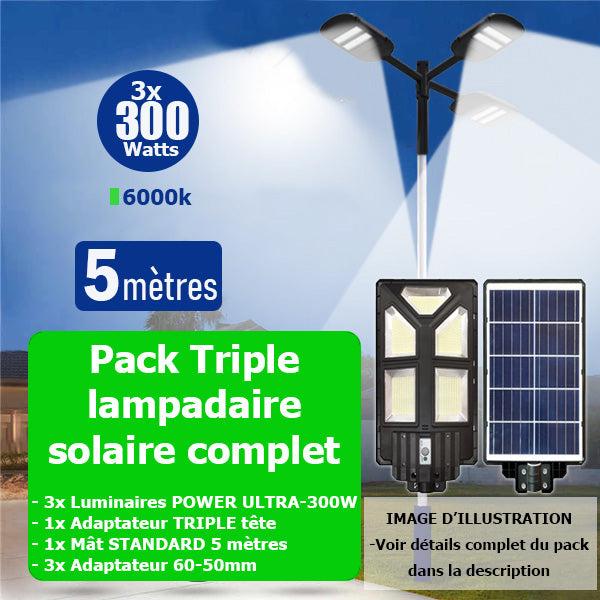 Pack lampadaire solaire complet Triple tête 5 mètres : 3x Lampes solaires Série POWER ULTRA - 300 Watts 6500k + Mât STANDARD 5 mètres + Triple tête de mât perpendiculaire + Adaptateur 60/50mm