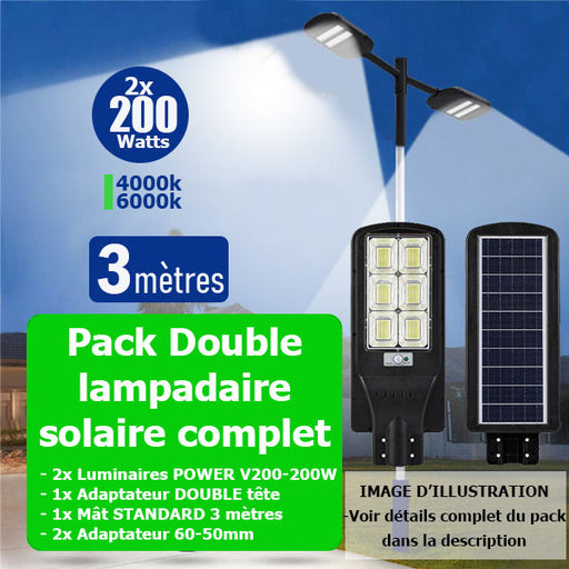 Pack lampadaire complet double tête 3 mètres : 2x Lampes solaires Série POWER V200 - 200 Watts 4000k/6000k + Mât STANDARD 3 mètres + Double tête de mât en ligne + Adaptateur 60/50mm