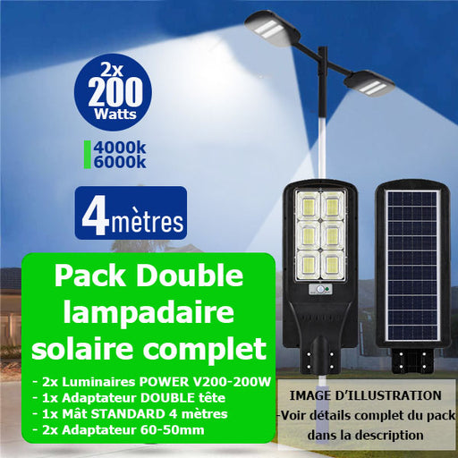 Pack lampadaire complet double tête 4 mètres : 2x Lampes solaires Série POWER V200 - 200 Watts 4000k/6000k + Mât STANDARD 4 mètres + Double tête de mât en ligne + Adaptateur 60/50mm