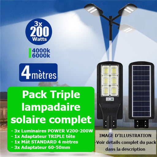 Lampe de rue solaire - Série OPIUM - 60 Watts - 10 200 Lumens - 170 Lumens/Watt - Angle 150x70°- IP65 - IK08 - Structure en ALUMINIUM - 72 x 32 x 31 cm - Tube d'insertion 76mm - Régulateur MPPT - Avec détecteur de mouvement - Garantie 3 ans
