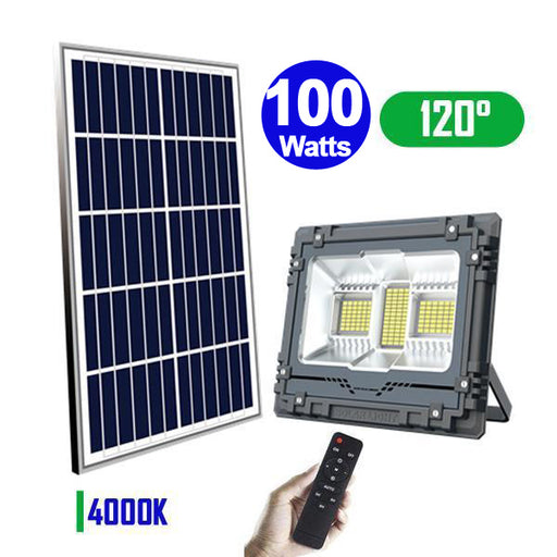 Projecteur LED solaire - Série WARRIOR - 100 Watts - Angle 120° - Lampe 26 x 20 x 7 cm - Panneau solaire 35 x 29 cm - IP67 - Avec télécommande - Panneau solaire inclus - Dernière génération Solaire - Couleur éclairage 4000K