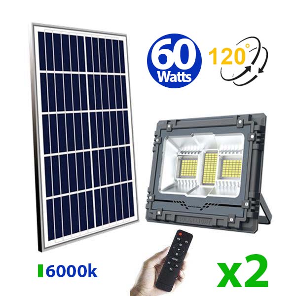 Pack de 2x Projecteurs LED solaires - Série WARRIOR - 60 Watts - Angle 120° - Lampe 22 x 17 x 6 cm - Panneau solaire 35 x 24 cm - IP67 - Avec télécommande - Dernière génération Solaire - Couleur éclairage 6000K