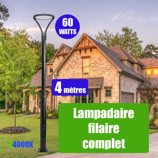 Pack lampadaire filaire complet 4 mètres : Lampe de jardin et parking - Série OVALI - 60 Watts 4000k + Mât STANDARD V2 4 mètres avec TRAPPE