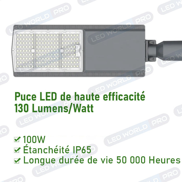 Lampe de rue filaire - Série FLEX V2 - 50 Watts - 6 500 Lumens - 130 Lumens/Watt - IP65 - IK09 - Angle 140x70° - 46 x 12 x 2 cm - 6000k – Angle rotatif ajustable - Tube d'insertion 50/60mm - Garantie 5 ans