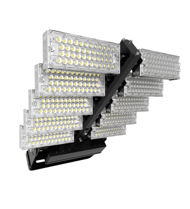 Projecteur haute puissance LED de stade filaire - Série Évasion - 1200 Watts - 186 000 Lumens - 155 Lumens/Watt -   729 x 650 x 132 mm - Angle 20° / 40° / 60° / 90° / 140*100° / 120° au choix - IP65 - Rotatif - Transformateur Meanwell - Garantie 5 ans