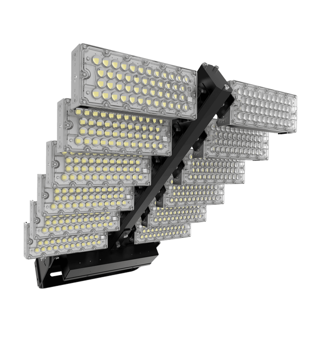 Projecteur haute puissance LED de stade filaire - Série Évasion - 1440 Watts - 223 200 Lumens - 155 Lumens/Watt -   860 x 650 x 132 mm - Angle 20° / 40° / 60° / 90° / 140*100° / 120° au choix - IP65 - Rotatif - Transformateur Meanwell - Garantie 5 ans