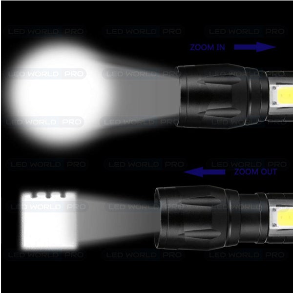 Pack de 2x Lampes de poche LED - Série FLASH V1 - Rechargeable – Fonction ZOOM - 3 Watts - IP65 - 9 x 3 cm - Avec câble USB - IP65 - Batterie lithium incluse – Couleur 6000K - 3 modes de fonctionnement