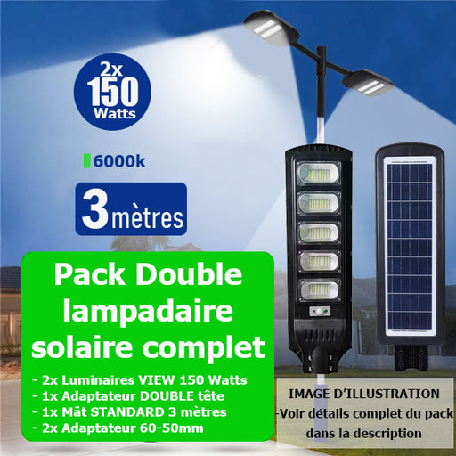 Pack lampadaire complet double tête 3 mètres : 2x Lampes solaires Série VIEW 150 Watts 6000k + Mât STANDARD 3 mètres + Double tête de mât perpendiculaire + Adaptateur 60/50mm