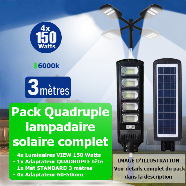 Pack lampadaire complet quadruple tête 3 mètres : 4x Lampes solaires Série VIEW 150 Watts 6000k + Mât STANDARD 3 mètres + quadruple tête de mât perpendiculaire + Adaptateur 60/50mm