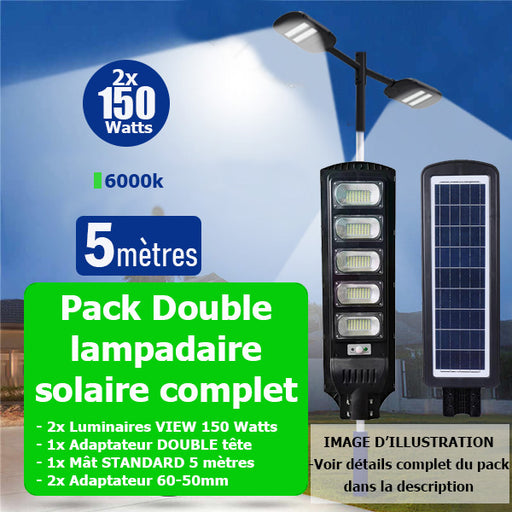 Pack lampadaire complet double tête 5 mètres : 2x Lampes solaires Série VIEW 150 Watts 6000k + Mât STANDARD 5 mètres + Double tête de mât en ligne + Adaptateur 60/50mm