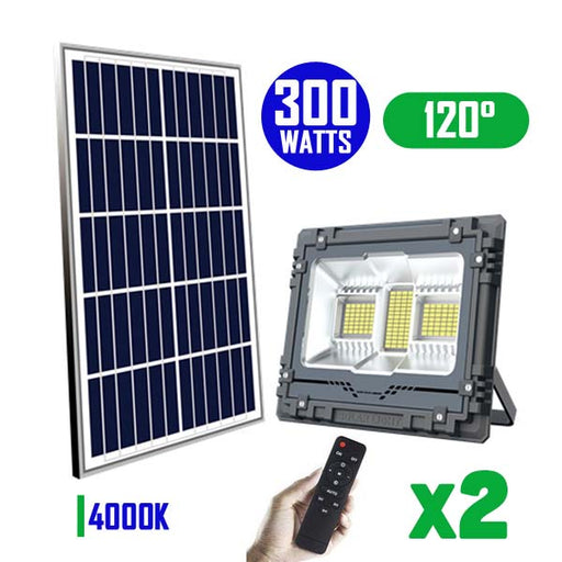 Pack de 2x Projecteurs LED solaires - Série WARRIOR - 300 Watts - Angle 120° - Lampe 34 x 27 x 7 cm - Panneau solaire 58 x 35 cm - IP67 - Avec télécommande - Dernière génération Solaire - Couleur éclairage 4000K