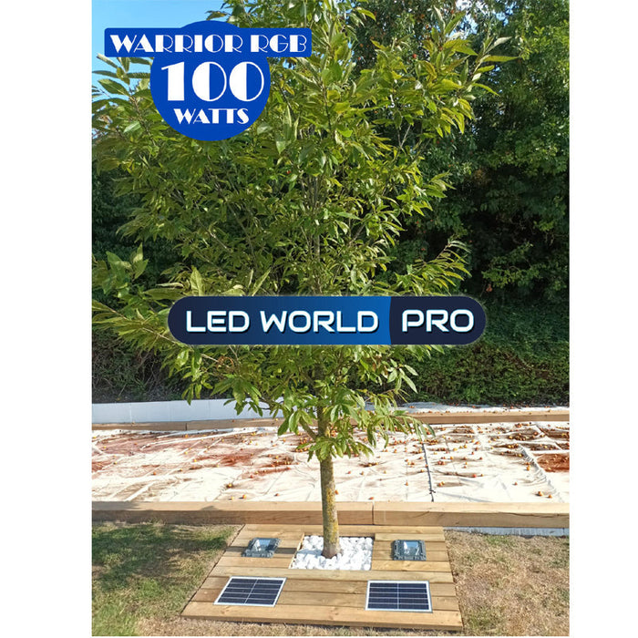 Pack lampadaire complet 6 mètres : Projecteur LED Solaire Série WARRIOR 300 Watts RGBW (Multicolores + Blanc) + Mât STANDARD (V1 EVO ou V4 EVO - Avec trappe) + Tête de mât rectangulaire