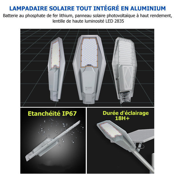 Pack lampadaire solaire complet 4 mètres : Lampe solaire Série INTERSTELLAR 200 Watts 6500K + Mât STANDARD 4 mètres