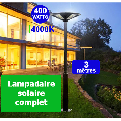 Pack lampadaire complet 3 mètres : Lampe solaire Série OVNI HERCULE 400 Watts 4000K Angle 360° + Mât STANDARD 3 mètres