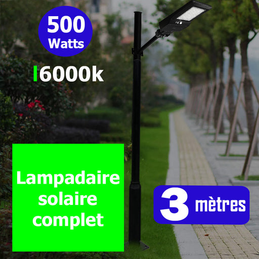 Pack lampadaire complet 3 mètres : Solaire - Lampe de rue et parking - Série STREET EVO 400 6000K + Mât STANDARD 3 mètres
