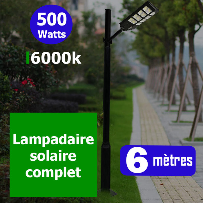 Pack lampadaire complet 6 mètres : Lampe solaire Série POWER EVO 500 - 500 Watts 6500k + Mât STANDARD 6 mètres