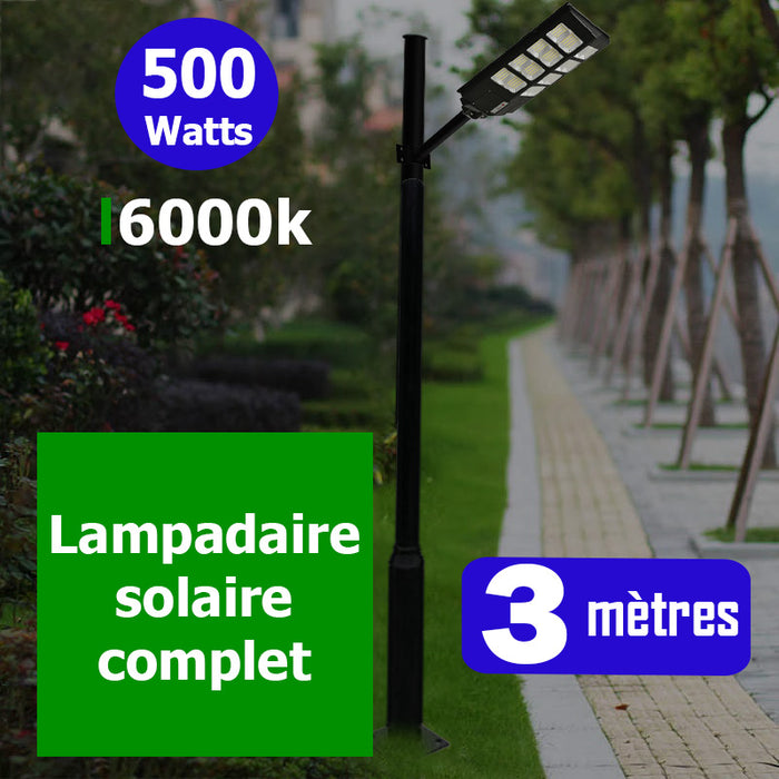Pack lampadaire complet 3 mètres : Lampe solaire Série POWER EVO 500 - 500 Watts 6500k + Mât STANDARD 3 mètres