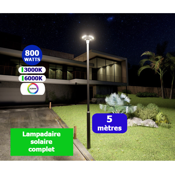Pack lampadaire complet 5 mètres : Lampe solaire Série OVNI FUTUR 800 Watts 3000k / 6000k / RGB + Mât STANDARD 5 mètres