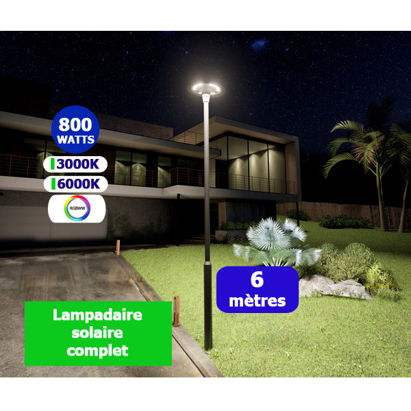 Pack lampadaire complet 6 mètres : Lampe solaire Série OVNI FUTUR 800 Watts 3000k / 6000k / RGB + Mât STANDARD 6 mètres