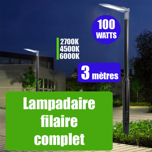 STOCK 0Pack lampadaire complet 3 mètres : Lampe Série FLEX 100 Watts 2700k/4500k/6000k au choix + Mât STANDARD V2 3 mètres - Avec TRAPPE