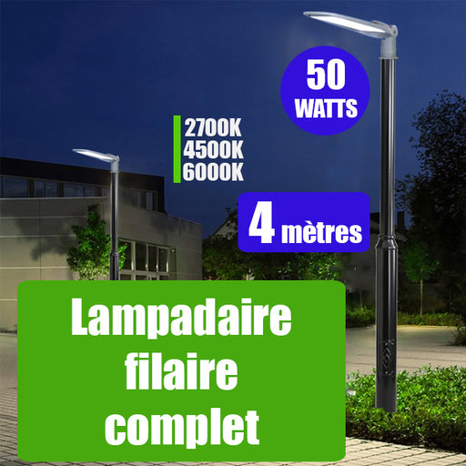 STOCK 0Pack lampadaire complet 4 mètres : Lampe Série FLEX 50 Watts 2700k/4500k/6000k au choix + Mât STANDARD V2 4 mètres - Avec TRAPPE