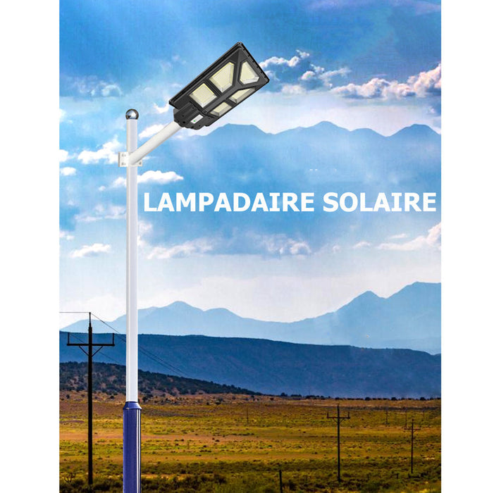 Pack lampadaire solaire complet quadruple tête 4 mètres : 4x Lampes solaires Série POWER ULTRA - 200 Watts 6500k + Mât STANDARD 4 mètres + Quadruple tête de mât perpendiculaire + Adaptateur 60/50mm