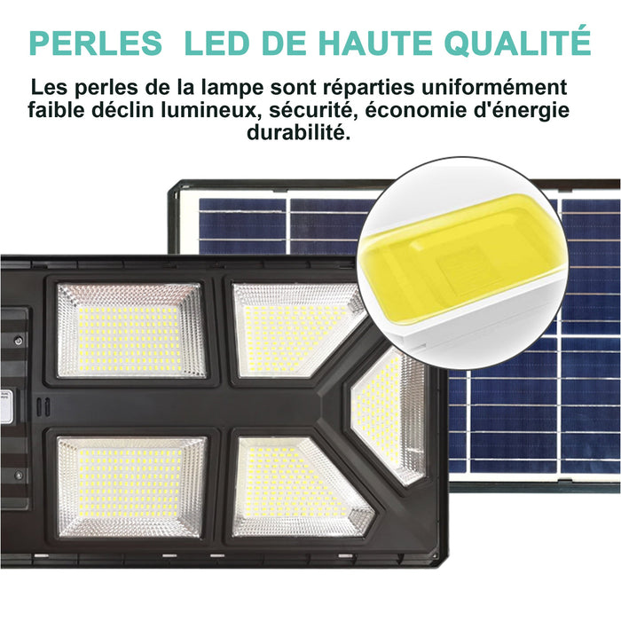 Pack lampadaire solaire complet double tête 5 mètres : 2x Lampes solaires Série POWER ULTRA - 300 Watts 6500k + Mât STANDARD 5 mètres + Double tête de mât en ligne + Adaptateur 60/50mm